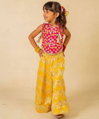 Girls pink brocade top and yellow zig zag embroidered palazzo (set of 2) 2