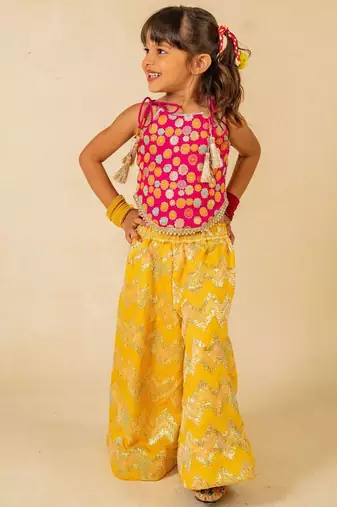 Girls pink brocade top and yellow zig zag embroidered palazzo (set of 2)