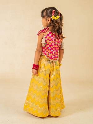 Girls pink brocade top and yellow zig zag embroidered palazzo (set of 2) 3