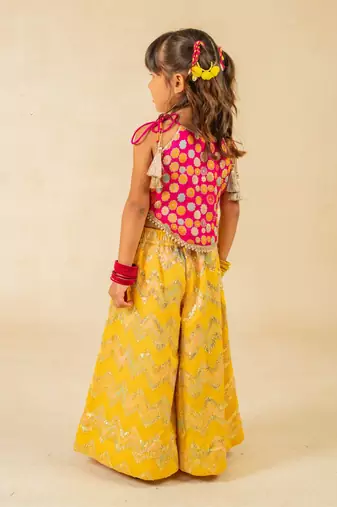 Girls pink brocade top and yellow zig zag embroidered palazzo (set of 2)