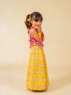 Girls pink brocade top and yellow zig zag embroidered palazzo (set of 2) 4
