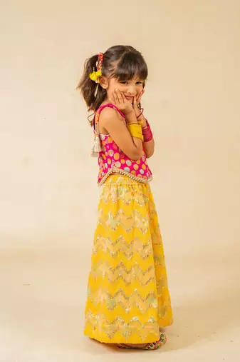 Girls pink brocade top and yellow zig zag embroidered palazzo (set of 2)