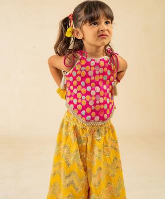 Girls pink brocade top and yellow zig zag embroidered palazzo (set of 2) 5