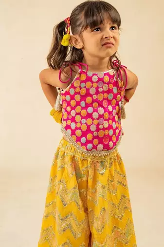 Girls pink brocade top and yellow zig zag embroidered palazzo (set of 2)
