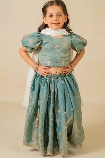 Girls fendy crush blue top and  lehenga with georgette dupatta (set of 3)