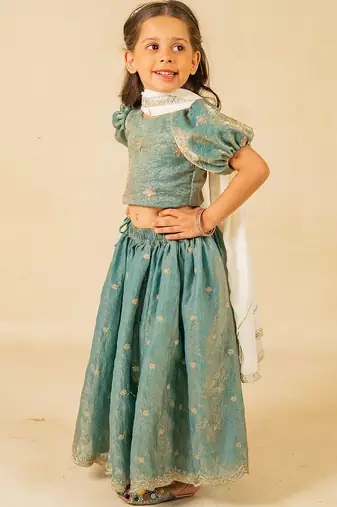 Girls fendy crush blue top and  lehenga with georgette dupatta (set of 3)