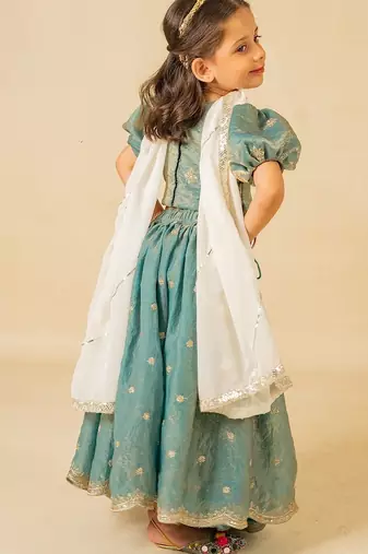 Girls fendy crush blue top and  lehenga with georgette dupatta (set of 3)