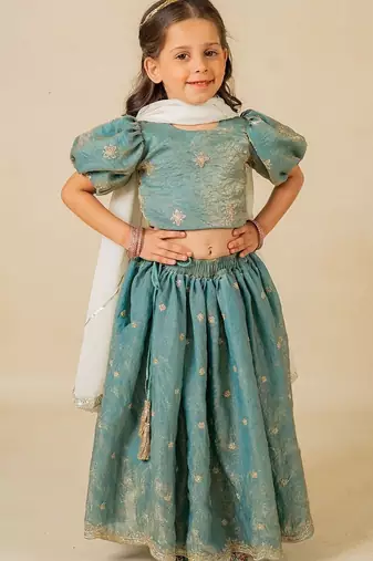 Girls fendy crush blue top and  lehenga with georgette dupatta (set of 3)