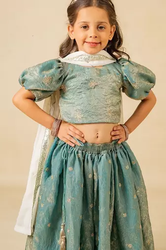 Girls fendy crush blue top and  lehenga with georgette dupatta (set of 3)