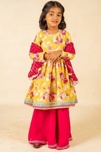Girls yellow anarkali top and palazzo with dupatta (set of 3)