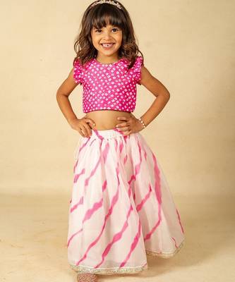 Girls pink hand embroidered top and moonga digital printed lehenga with dupatta (set of 2) 1