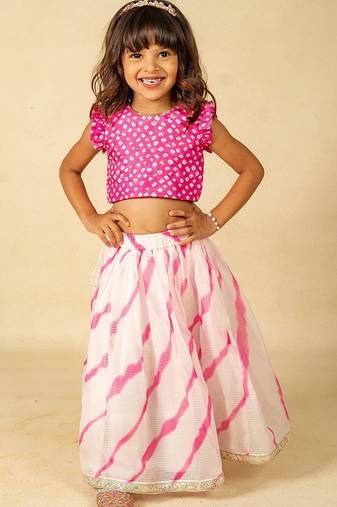 Girls pink hand embroidered top and moonga digital printed lehenga with dupatta (set of 2)