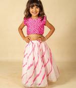 Girls pink hand embroidered top and moonga digital printed lehenga with dupatta (set of 2)