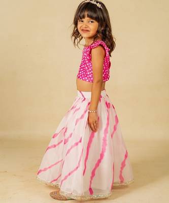 Girls pink hand embroidered top and moonga digital printed lehenga with dupatta (set of 2) 2
