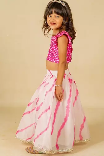 Girls pink hand embroidered top and moonga digital printed lehenga with dupatta (set of 2)