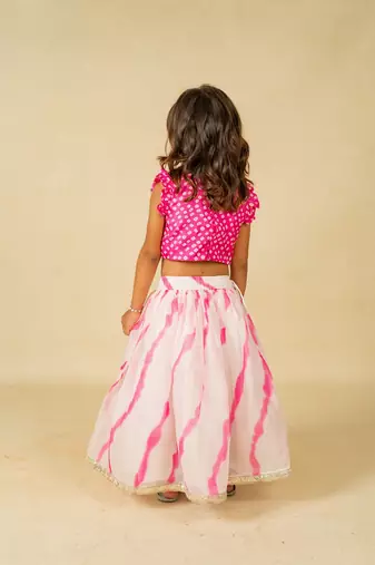 Girls pink hand embroidered top and moonga digital printed lehenga with dupatta (set of 2)
