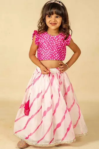 Girls pink hand embroidered top and moonga digital printed lehenga with dupatta (set of 2)