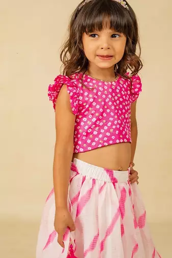 Girls pink hand embroidered top and moonga digital printed lehenga with dupatta (set of 2)
