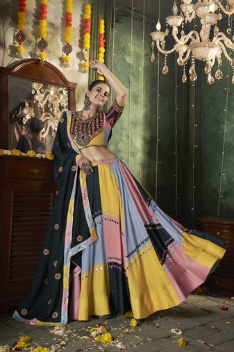 Eilara Navratri Lehenga Choli in Maslin Cotton with Multicolor Thread & Mirror Work