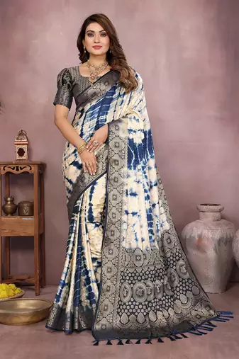 Navy Blue Color Shibori Work With Soft Satin Saree 