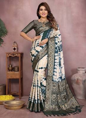 Teal Color Shibori Work With Soft Satin Saree  2