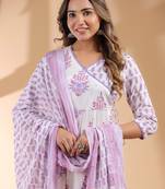 white pure cotton floral printed angrakha kurta set