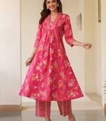 pink pure cotton floral printed a-line kurta pant set