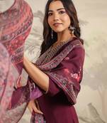 purple chanderi silk yoke embroidered straight kurta set