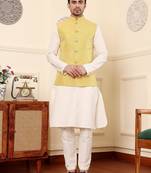 Yellow silk embroidered kurta pajama and nehru jacket for mens