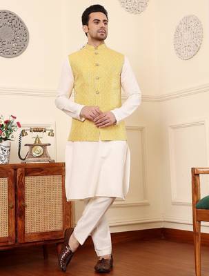 Yellow silk embroidered kurta pajama and nehru jacket for mens 2