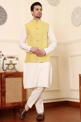 Yellow silk embroidered kurta pajama and nehru jacket for mens