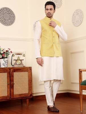Yellow silk embroidered kurta pajama and nehru jacket for mens 3