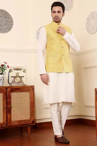 Yellow silk embroidered kurta pajama and nehru jacket for mens