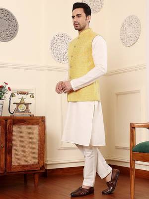 Yellow silk embroidered kurta pajama and nehru jacket for mens 4