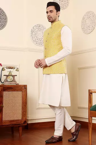 Yellow silk embroidered kurta pajama and nehru jacket for mens