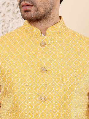Yellow silk embroidered kurta pajama and nehru jacket for mens 5