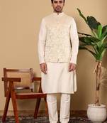 Beige viscose embroidered kurta pajama and nehru jacket for mens
