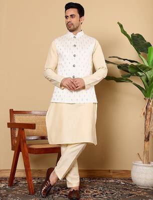 White viscose embroidered kurta pajama and nehru jacket for mens 1