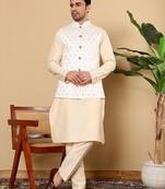 White viscose embroidered kurta pajama and nehru jacket for mens