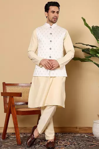 White viscose embroidered kurta pajama and nehru jacket for mens