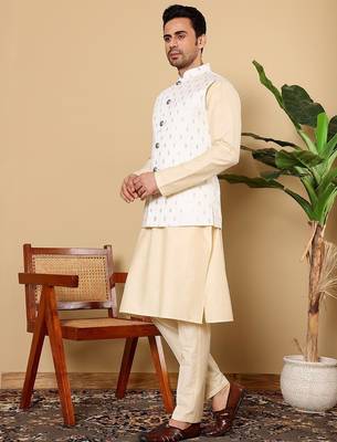 White viscose embroidered kurta pajama and nehru jacket for mens 4