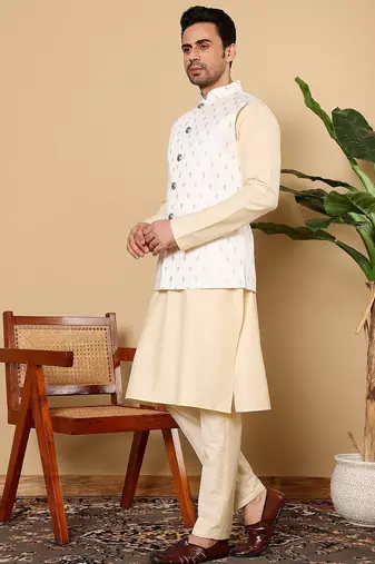 White viscose embroidered kurta pajama and nehru jacket for mens