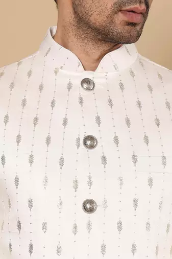 White viscose embroidered kurta pajama and nehru jacket for mens