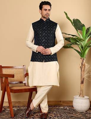 Black velvet embroidered kurta pajama and nehru jacket for mens 1