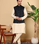 Black velvet embroidered kurta pajama and nehru jacket for mens