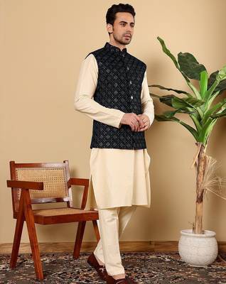Black velvet embroidered kurta pajama and nehru jacket for mens 2