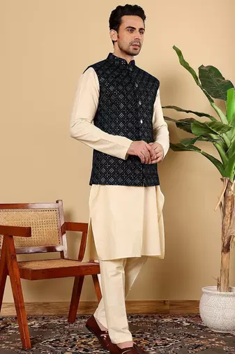 Black velvet embroidered kurta pajama and nehru jacket for mens