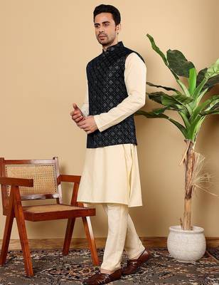 Black velvet embroidered kurta pajama and nehru jacket for mens 3