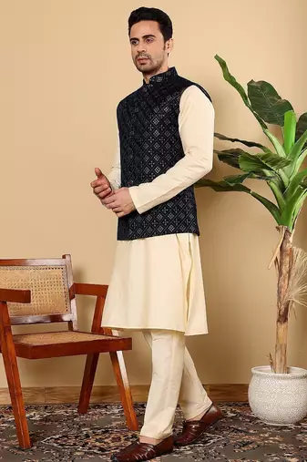 Black velvet embroidered kurta pajama and nehru jacket for mens