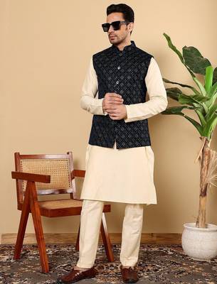 Black velvet embroidered kurta pajama and nehru jacket for mens 4